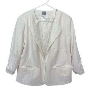 Fair Lady Womens Size 14 White Blazer Waffle Knit Rucked 3/4 Sleeve Business